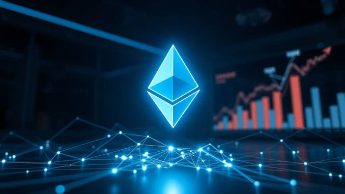 Ethereum network growth and stablecoin dominance visualized as a glowing data network.