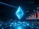 Ethereum network growth and stablecoin dominance visualized as a glowing data network.