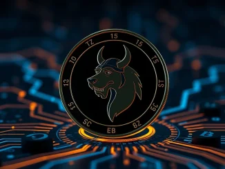 Floki Inu cryptocurrency coin on a digital circuit board representing price prediction and blockchain technology.