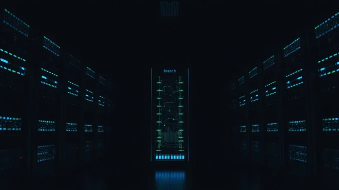 Digital server room illustrating the cybersecurity breach at the Grinex crypto exchange.