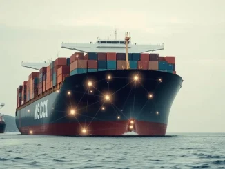 Cargo ship with blockchain network overlay illustrating the risk of crypto payments to Iran for shipping firms.