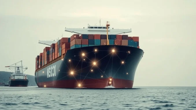 Cargo ship with blockchain network overlay illustrating the risk of crypto payments to Iran for shipping firms.