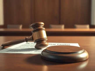 Legal gavel on documents representing Justin Sun's lawsuit against World Liberty Financial over WLFI tokens.