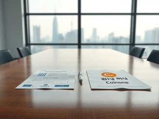 Documents representing Korea Investment & Securities and Coinone exchange on a boardroom table in Seoul.