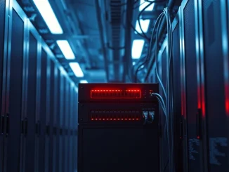 Malicious AI router security threat in a data center server rack.