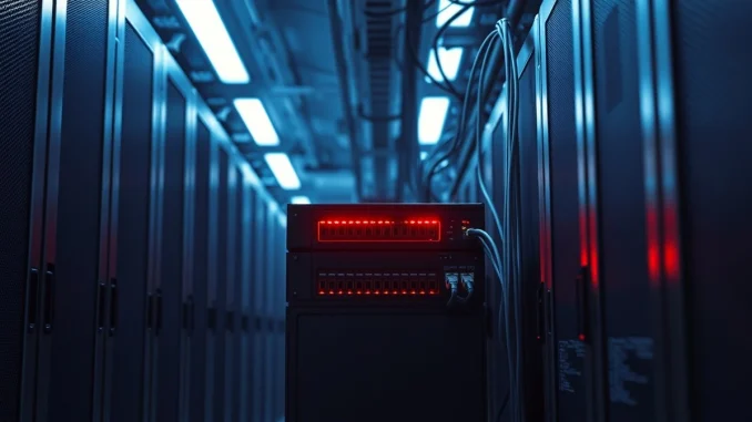 Malicious AI router security threat in a data center server rack.