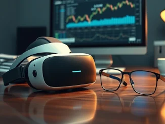 Meta Quest VR headset and smart glasses on desk with financial charts on screen, representing Reality Labs losses and AI spending