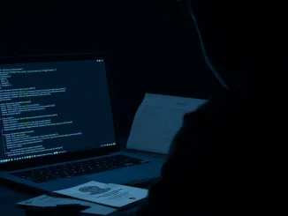 North Korean IT worker fraud exposed showing laptop with crypto wallet and fake passport.