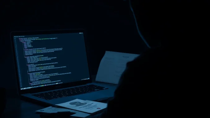 North Korean IT worker fraud exposed showing laptop with crypto wallet and fake passport.