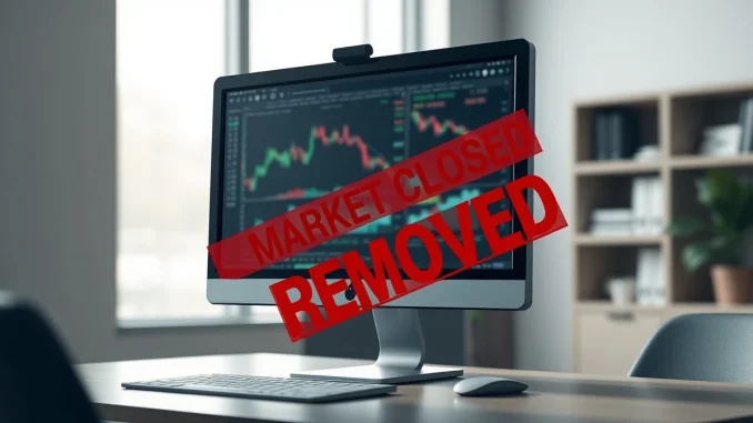 Polymarket prediction market interface showing a market removal notice on a computer screen.
