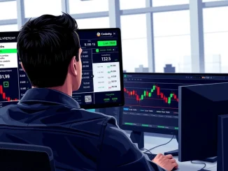 Trader analyzing prediction market data and crypto charts for real-time geopolitical risk assessment.