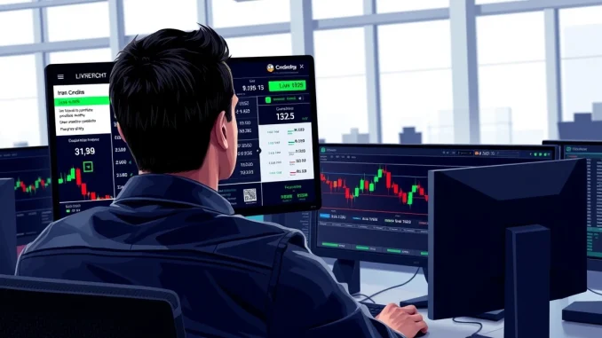 Trader analyzing prediction market data and crypto charts for real-time geopolitical risk assessment.