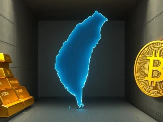 Taiwan Bitcoin reserve concept showing digital and traditional assets for geopolitical risk hedging.