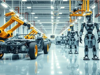 Tesla's advanced manufacturing and robotics assembly line for vehicles and Optimus robots.