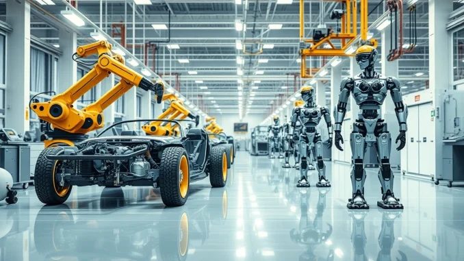Tesla's advanced manufacturing and robotics assembly line for vehicles and Optimus robots.