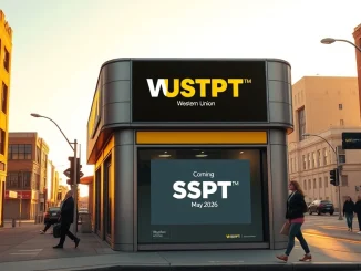 Western Union storefront in Denver displaying USDPT stablecoin rollout announcement for May 2026