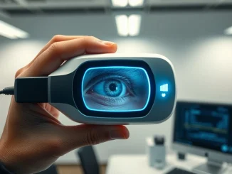 Worldcoin iris-scanning technology for digital identity verification on a biometric device.