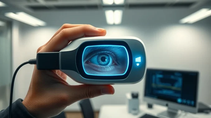 Worldcoin iris-scanning technology for digital identity verification on a biometric device.