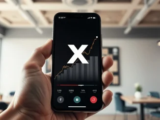 X app Cashtags feature showing live stock price chart on a smartphone screen, representing $1 billion in trading volume.
