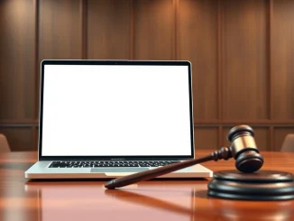 Laptop showing AI interface in a courtroom, representing the xAI lawsuit against Colorado's AI regulations.