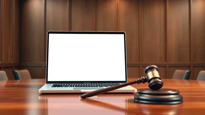 Laptop showing AI interface in a courtroom, representing the xAI lawsuit against Colorado's AI regulations.