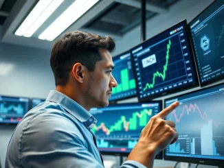 Analyst studying 1INCH price charts on multiple screens in a modern office