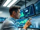 Analyst studying 1INCH price charts on multiple screens in a modern office