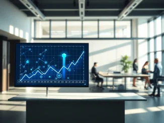 Modern office interior with a large digital screen showing blockchain network and financial charts, symbolizing venture capital investment in crypto.