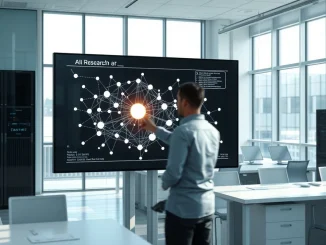 AI research lab with digital neural network display and researcher