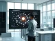 AI research lab with digital neural network display and researcher