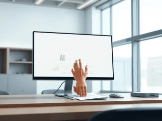 A symbolic image representing an AI boss, showing a human hand interacting with a computer monitor displaying management data.