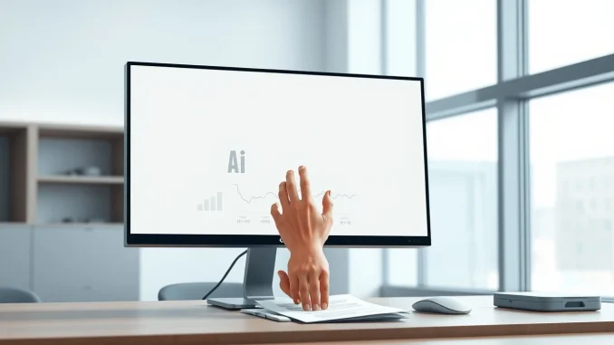 A symbolic image representing an AI boss, showing a human hand interacting with a computer monitor displaying management data.