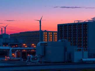 Natural gas power plant connected to an AI data center complex, illustrating the energy demand of artificial intelligence.