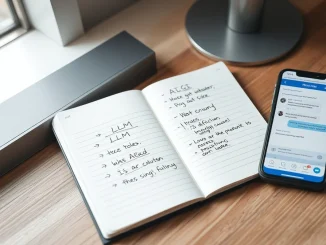 Notebook with AI terms being rewritten in simple language next to a smartphone showing an AI chat interface