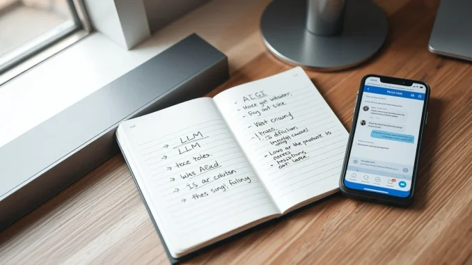 Notebook with AI terms being rewritten in simple language next to a smartphone showing an AI chat interface