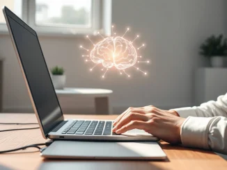 A person using a laptop with an AI neural network overlay, symbolizing the growing use and distrust of artificial intelligence tools.