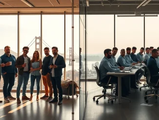 Contrast between wealthy AI founders and anxious tech workers in a modern San Francisco office