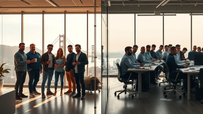 Contrast between wealthy AI founders and anxious tech workers in a modern San Francisco office