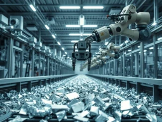 Robotic arm sorting aluminum scrap on a conveyor belt in a high-tech recycling facility.