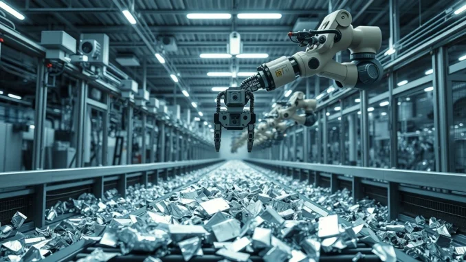 Robotic arm sorting aluminum scrap on a conveyor belt in a high-tech recycling facility.