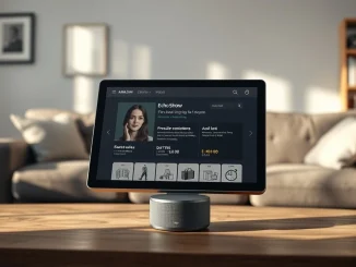 Amazon Echo Show displaying Alexa for Shopping AI assistant interface in a bright living room