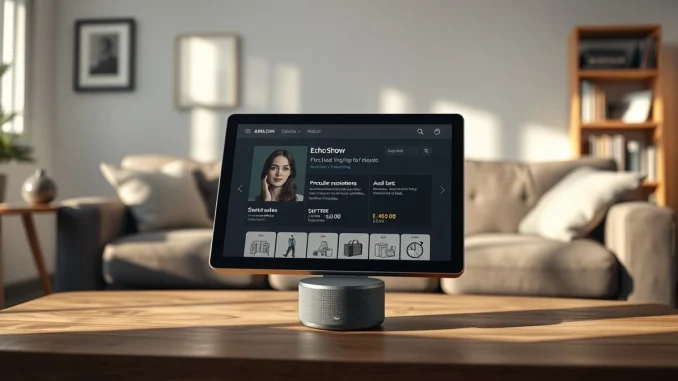 Amazon Echo Show displaying Alexa for Shopping AI assistant interface in a bright living room