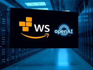 AWS and OpenAI logos displayed in a data center, representing Amazon's new OpenAI products on AWS Bedrock.