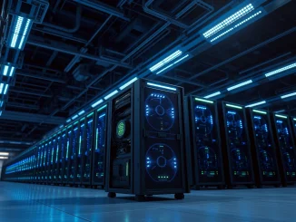 Interior of a large Bitcoin mining facility with rows of ASIC machines illuminated by blue LEDs