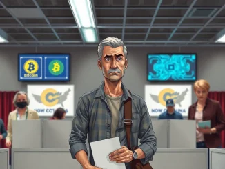 A voter in a polling booth looks skeptical as symbols of crypto and AI appear in the background, illustrating Americans distrust crypto and AI in the 2026 midterms.