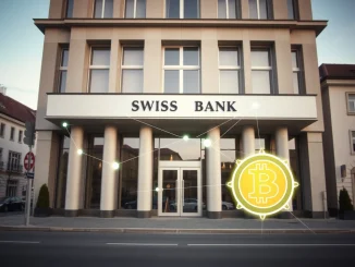 Modern Swiss bank building in Zug with digital blockchain overlay and coin icon representing crypto custody.