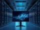 Futuristic server room with AI neural network display representing Anthropic's Claude safety research.