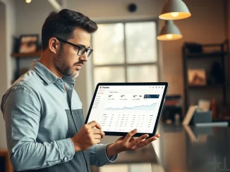 Small business owner using Claude AI tools on a tablet in a local shop setting