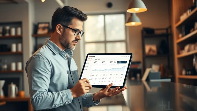 Small business owner using Claude AI tools on a tablet in a local shop setting