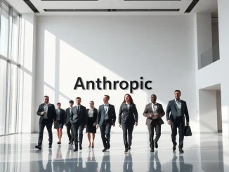 Anthropic corporate office lobby with professionals walking, indicating business growth and profitability.